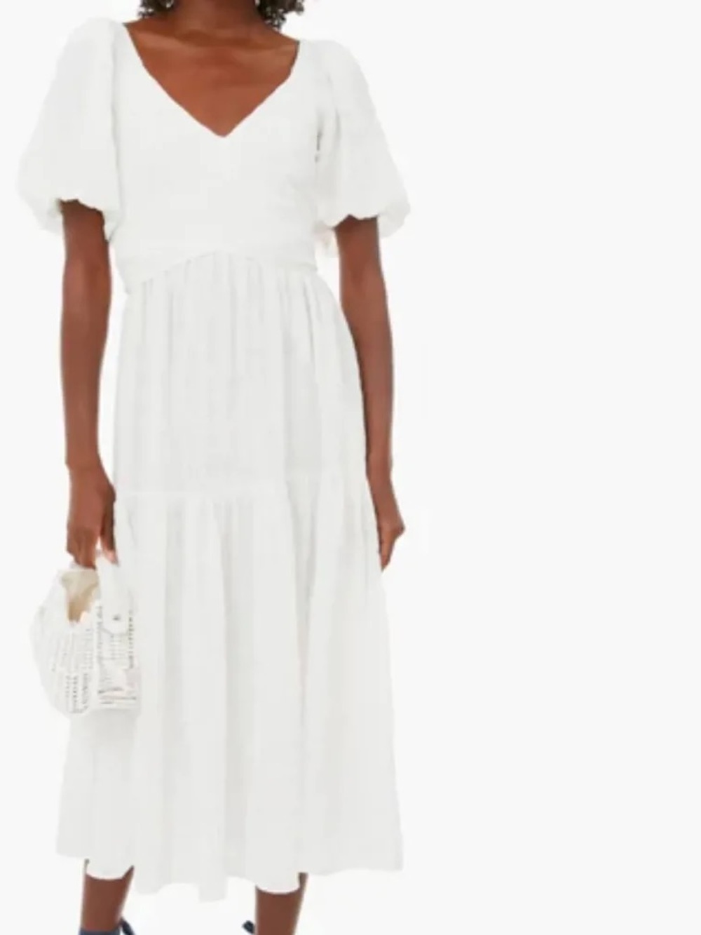 Hyacinth House White Puff-Sleeve V-Neck Midi Dress